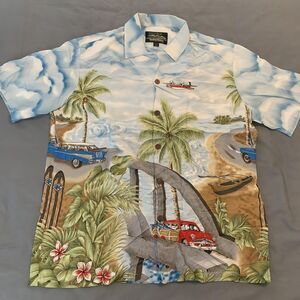 Hawaiian Reserve Collection Shirt Mens Large Blue Rayon Aloha Beach Cars Hawaii